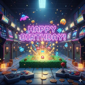 May include: A neon sign that reads "HAPPY BIRTHDAY!" illuminates an arcade scene. Pixelated characters and coins float in the air. Two game controllers and a green block structure are in the foreground. Arcade machines line the walls.
