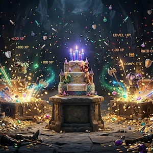 May include: A fantasy-themed birthday cake with candles, set on a stone pedestal, surrounded by treasure chests, gold coins, and confetti. Text on the cake reads "Happy Birthday Raid Leader". The scene is set in a dark cave.