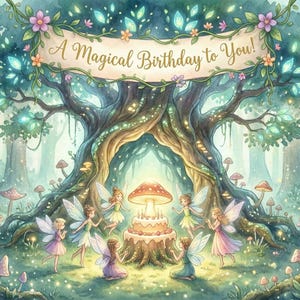 Könnte beinhalten: Eine digitale Illustration einer Waldszene mit einem großen Baum und einem Banner mit der Aufschrift A Magical Birthday to You! Mehrere geflügelte Feen umgeben einen leuchtenden Pilzkuchen auf einem Baumstumpf, umgeben von Pilzen und kleinen Drachen.