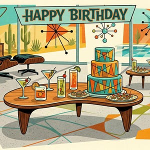 May include: A mid-century modern living room illustration featuring a three-tier cake on a kidney-shaped coffee table, surrounded by cocktails and appetizers. A banner reads HAPPY BIRTHDAY above a lounge chair, sofa, and a pool view.