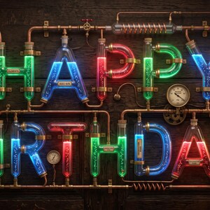May include: A wall-mounted display featuring the text HAPPY BIRTHDAY formed by interconnected glass tubes filled with glowing red, green, and blue liquids. The arrangement includes copper piping, pressure gauges, and a small light bulb.