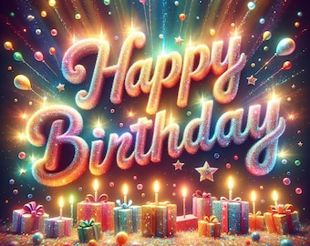 May include: A vibrant Happy Birthday graphic featuring glowing, textured, multi-colored 3D lettering set against a dark background with radiating light beams, floating balloons, stars, and a row of lit candles atop colorful gift boxes.