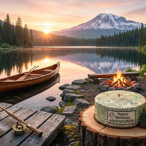 May include: Scenic outdoor birthday celebration by a lake. A wooden canoe, fishing rod, and cake with a map design and the text "Happy Birthday, ADVENTURER!" are featured. A campfire and mountain backdrop complete the scene.