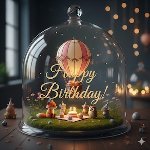 May include: A glass cloche containing a miniature scene with a pink and cream hot air balloon, a small birthday cake with lit candles, and woodland animals including a fox, owl, and mice wearing party hats, with the text Happy Birthday.