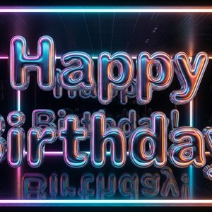 Puede incluir: Un letrero de neón con las palabras "Happy Birthday!" en una fuente brillante con forma de burbuja. El texto está enmarcado por un rectángulo de neón brillante con tonos rosas, azules y naranjas, sobre un fondo oscuro.