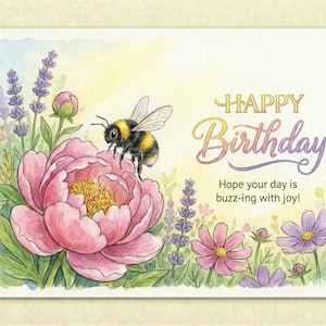 May include: A watercolour birthday card with a bumblebee on a pink peony. The card has the words "Happy Birthday" in gold script, with the message "Hope your day is buzz-ing with joy!" surrounded by flowers.