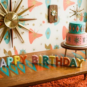 Stampa di compleanno in stile metà secolo / Decorazione murale dell'era atomica / Cartello per festa in stile anni '50 (Download digitale)