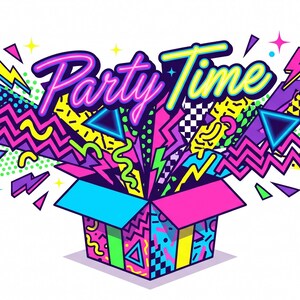 Puede incluir: Una colorida ilustración gráfica de una caja de regalo abierta con el texto Party Time en letras estilo neón. El diseño presenta formas geométricas vibrantes, zigzags, triángulos y puntos en tonos rosa, azul, amarillo y negro.