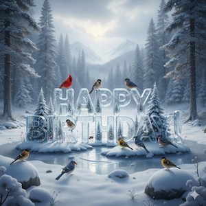 May include: A winter scene with the words "HAPPY BIRTHDAY!" formed in icy letters. Various birds perch on the letters and surrounding snow-covered landscape. The background features snow-covered evergreen trees and mountains under a cloudy sky.