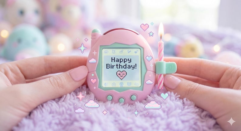 May include: A pink handheld electronic game with a screen displaying "Happy Birthday!" and a heart icon. A lit pink candle is attached. The device is held against a soft, purple background with decorative elements.