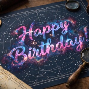 Animated Vintage Star Map Birthday Video Card With Matching Print, Space Theme Virtual Gift Bundle For Stargazers (Digital Download)