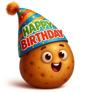 Puede incluir: Una patata de dibujos animados sonriente, con un gorro de cumpleaños colorido con la frase "Happy Birthday". El gorro tiene rayas azules, naranjas y rojas, con estrellas.