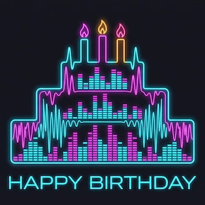 May include: A neon-style graphic of a three-tiered birthday cake outlined in cyan and magenta light. The cake layers feature vertical audio equalizer bars and sound wave patterns. Three glowing candles sit on top. The text HAPPY BIRTHDAY is below.