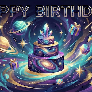 Puede incluir: Un pastel de tres niveles con un patrón de galaxia se encuentra en el centro de una ilustración con temática espacial que incluye planetas, estrellas y cristales. El texto HAPPY BIRTHDAY! aparece en oro sobre un fondo cósmico azul y morado.