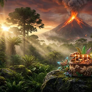 May include: A vibrant image of a prehistoric scene with a volcano erupting in the background. A chocolate cake decorated with dinosaur skeletons and candles sits on a mossy rock in the foreground. Lush green foliage surrounds the cake.