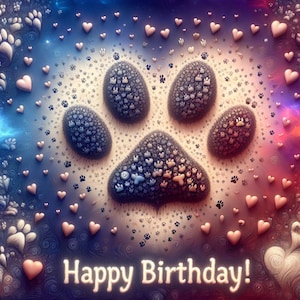 Tarjeta de feliz cumpleaños con huella de pata, colorida, para amantes de las mascotas, descarga digital/imprimible, saludo de cumpleaños para perros y gatos, dulce regalo de adopción de animales.