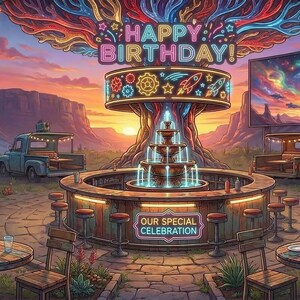 May include: An outdoor birthday celebration scene featuring a central circular bar with a fountain, surrounded by tables, chairs, and vintage trucks. A large tree displays a neon HAPPY BIRTHDAY sign, while a screen shows a sunset landscape.