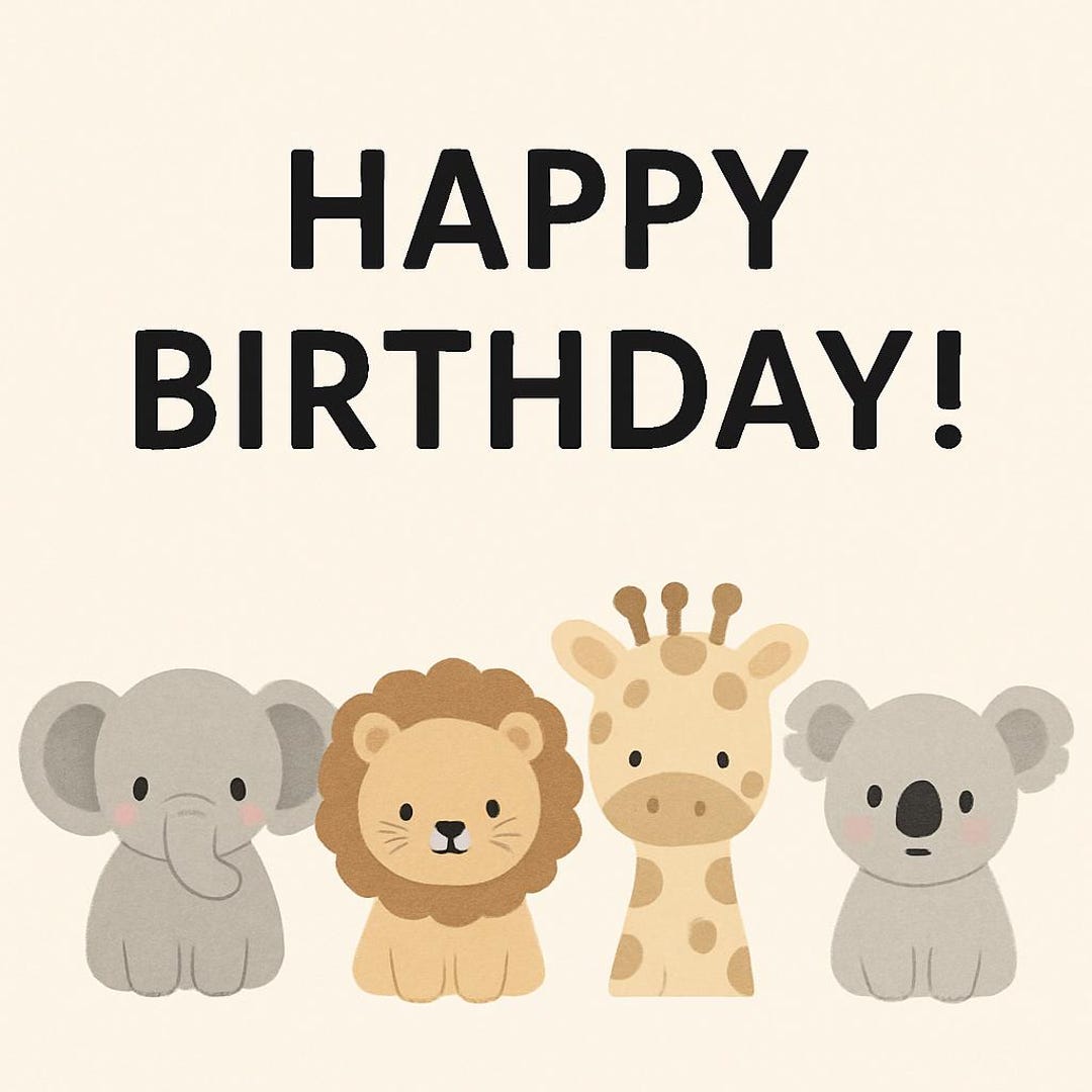 4x Zoo Animals Happy Birthday Prints: Lion, Elephant, Giraffe, Koala ...