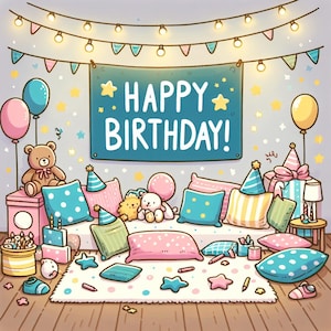 Printable "Happy Birthday" Wall Art - Cozy Party Scene for Kids Room Decor Pajama Party Stuffed Animals Pillows Comfy Sweet Gender Neutral