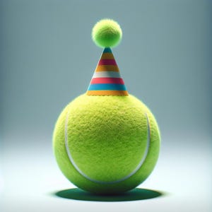 May include: A fuzzy, neon yellow tennis ball topped with a colorful, striped party hat. The cone-shaped hat features horizontal bands of orange, yellow, pink, and blue, and is finished with a bright green pom-pom at the very top point.