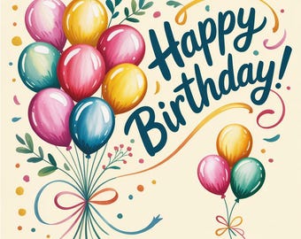 May include: A festive illustration featuring a large cluster of colorful balloons in shades of pink, yellow, blue, and teal, tied with ribbons. The text Happy Birthday is written in dark blue script, surrounded by small confetti dots and leaves.
