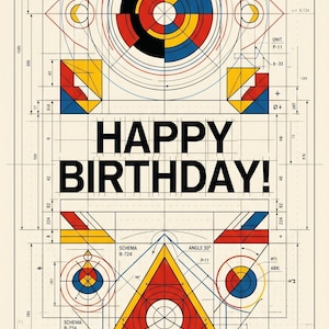 Architect Birthday Card Print: Primary Color Drafting Schematic Printable Poster (Digital Download)