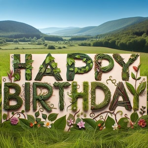 Impressão digital de feliz aniversário botânico - Arte de parede com letras florais e folhas verdes, decoração de celebração inspirada na natureza, download instantâneo