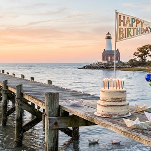 Coastal Birthday Ecard | Lighthouse Sunset Nautical Paper Boats (Digital Download)