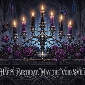 May include: A silver candelabra with seven lit purple candles, skull accents, and purple roses. The base features the text "Happy Birthday, May the Void Smile." Dark butterflies are positioned around the floral arrangement and candles.