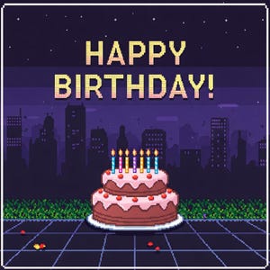 May include: A pixelated birthday cake with pink frosting and lit candles sits in front of a cityscape at night. The text "HAPPY BIRTHDAY!" is displayed above the cake.
