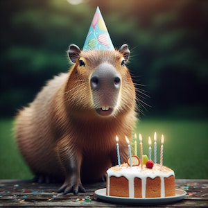 Puede incluir: Un carpincho con un gorro de fiesta está junto a una tarta de cumpleaños con velas encendidas. La tarta está decorada con glaseado blanco, chispas y una baya roja. El carpincho tiene pelaje marrón y está sobre una superficie de madera.