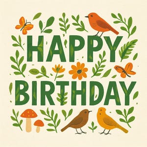 Gelukkige verjaardag natuurkaart | Bosvogels en vlinders | Bosthemaviering | Milieuvriendelijke botanische verjaardag