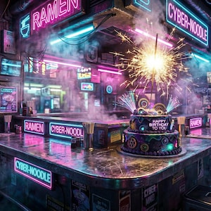 May include: A two-tiered dark cake with colorful gear decorations and the text Happy Birthday To You, topped with a bright sparkler, sits on a counter in a neon-lit ramen shop with Cyber-Noodle and Ramen signs glowing in pink and blue hues.
