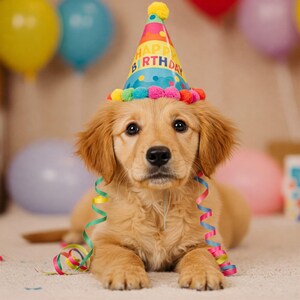 Alles Gute zum Geburtstag Golden Retriever Welpe mit Partyhut und Luftschlangen | Digitaldruck Süßer Hund Feier | Druckbare Karte zum Thema Haustier