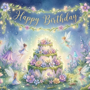 以下が含まれることがあります： 3段の誕生日ケーキが花で飾られ、妖精、キノコ、光る植物に囲まれた、気まぐれな水彩イラスト。上部には「Happy Birthday」の文字が書かれています。