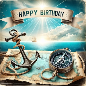 Impression d'art numérique maritime joyeux anniversaire nautique - boussole, ancre, bateau, conception de carte vintage marin marin pêcheur décoration imprimable