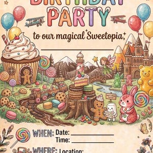 May include: A colourful birthday party invitation with illustrations of sweets and a fantasy landscape. The design includes hot air balloons, aeroplanes, and space to fill in party details. The text reads 'You're Invited! Birthday Party'.