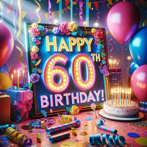 Decorazione per striscioni di buon 60° compleanno - Palloncini colorati, regali e coriandoli - File digitale stampabile e scaricabile