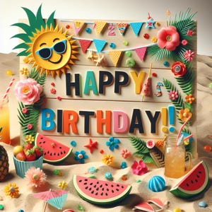 May include: A vibrant birthday scene set on sand, featuring a wooden sign with "HAPPY BIRTHDAY!!" in bright letters. The image includes a smiling sun, watermelon slices, flowers, and a drink, evoking a cheerful, summery atmosphere. The scene is designed to celebrate a birthday.