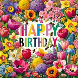 Frühlingshaftes Happy Birthday Schild - Blumenwiese & fleißiges Bienen Design - Perfekt für Gartenliebhaber Printable Decor Natur Bunt