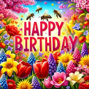 Impressão digital floral colorida "Feliz Aniversário" - Flores, abelhas, primavera, arte de parede para impressão, decoração de aniversário, download instantâneo, Blow It Up