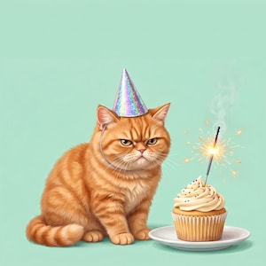 Puede incluir: Un gato atigrado naranja con expresión gruñona lleva un sombrero de fiesta plateado brillante e iridiscente. Junto al gato hay un cupcake en un plato blanco, cubierto con glaseado claro y una bengala encendida que emite chispas doradas.