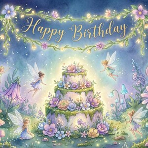 Puede incluir: Una ilustración digital que muestra un pastel de tres niveles decorado con flores, rodeado de pequeñas figuras aladas, hongos brillantes y varias plantas. Un cartel con el texto Happy Birthday cuelga sobre el pastel.