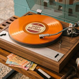 May include: A wooden turntable with a clear dust cover featuring an orange vinyl record on the platter. The record label reads "HAPPY BIRTHDAY". A pair of brown over-ear headphones and several vintage-style concert tickets are placed nearby.