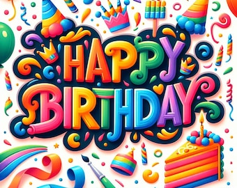 May include: A vibrant illustration featuring the text HAPPY BIRTHDAY in bold, multi-colored bubble letters against a dark background. The scene is decorated with colorful party hats, a slice of layered cake with a lit candle, and streamers.