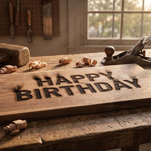 Wood Burned Digital Birthday Card, Rustic Workshop Print (Digital Download, Printable)