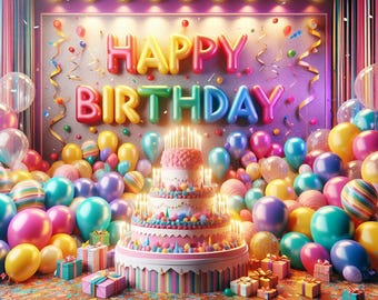 May include: A multi-tiered birthday cake with lit candles sits on a wooden floor surrounded by colorful balloons, gift boxes, and confetti. A wall behind the cake features the text HAPPY BIRTHDAY in large, colorful, inflated balloon letters.