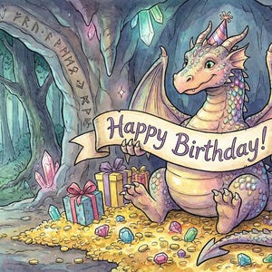 May include: A whimsical illustration of a friendly dragon wearing a party hat, holding a banner that reads "Happy Birthday!". The dragon is surrounded by gifts, gems, and gold coins in a cave setting with a forest backdrop.