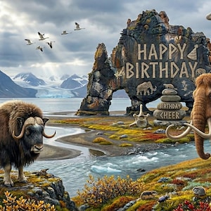 May include: A scenic landscape with a musk ox and a woolly mammoth. A rock formation displays "Happy Birthday" text. A river flows through the scene, with mountains and a cloudy sky in the background.