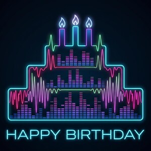 May include: A neon-style graphic of a three-tiered birthday cake against a dark background. The cake outline and three candles are rendered in glowing blue, pink, and green audio equalizer waveforms. The text HAPPY BIRTHDAY appears below.